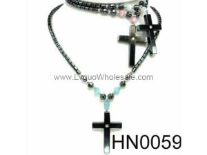 Colored Opal Beads Hematite Cross Pendant Beads Stone Chain Choker Fashion Women Necklace